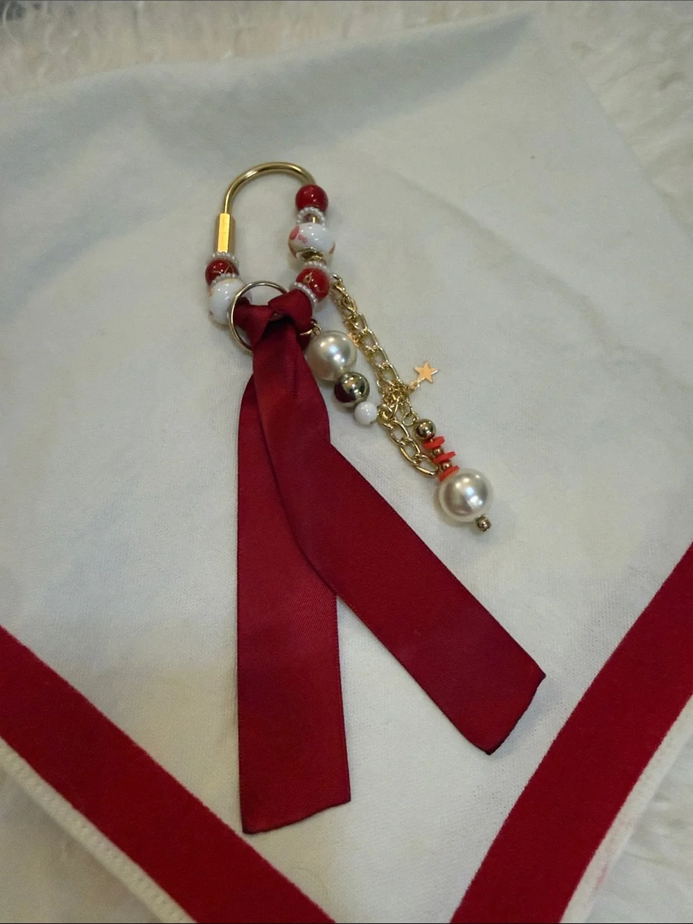 Gold and Red Ribbon Keychain Charm with Beads